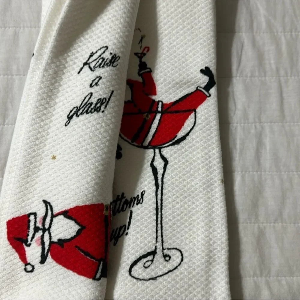 kate spade Jolly Santa Raise a Glass White Gold Red Cotton Kitchen 2 Towel Set